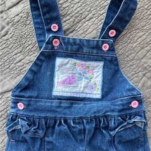 Denim Pink-Button Girls' Overalls with Ruffles and Floral Bunny Embroidery
